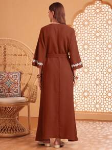 Al Najma Contrast Lace Patchwork Flare Sleeve Dress - Burnt Orange - View 2