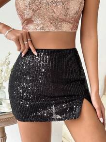SHEIN Allurite Falda Mini Con Brillo Y Abertura Alta - Negro - Ver 3