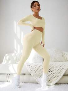 Sovereign Charm 纯色修身运动服套装 女士健身套装 女士紧身裤套装 - 米色 - 查看 4