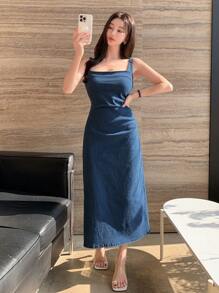 DAZY Women's Side Ruched Denim Cami Dress - Blue - View 3