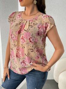 Celure 大码夏季浪漫假期花卉印花圆领花瓣袖衬衫 - 粉色 - 查看 3