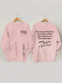 SHEIN Essnce Kích thước lớn Slogan In Vòng cổ Thêm Nhung Áo nỉ - Màu Hồng baby - Xem 1