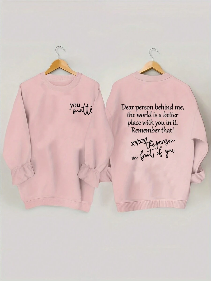 SHEIN Essnce Kích thước lớn Slogan In Vòng cổ Thêm Nhung Áo nỉ - Màu Hồng baby - Xem 1