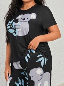 Plus Size Koala And Plant Print Pajama Top