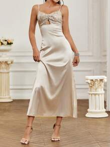 SHEIN Belle Bridesmaid Cami Dress With Splicing Sparkly & Hollow Out Design, Sleeveless - White - View 3