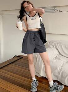 DAZY Women's Drawstring Waist Cargo Shorts - Dark Grey - View 2