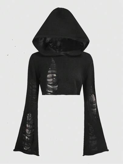 Fairycore Solid Ripped Hooded Sweater, School