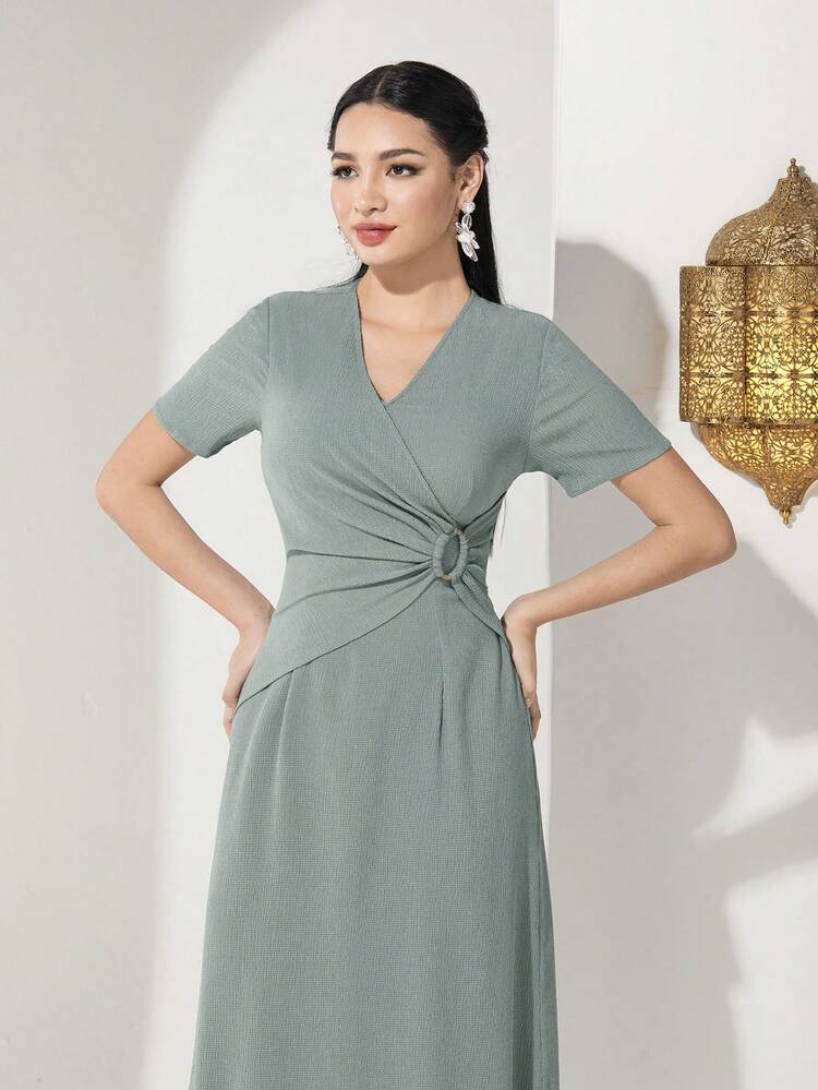 V-Neck Ruffle Hem Dress Long Evening Dresses