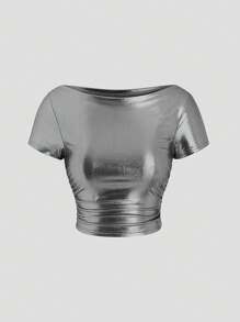 EgrlEra Boat Neck Short-Sleeved T-Shirt With Metallic Fabric And Pleats Y2K Outfit  For New Year Holiday Party Clothes
