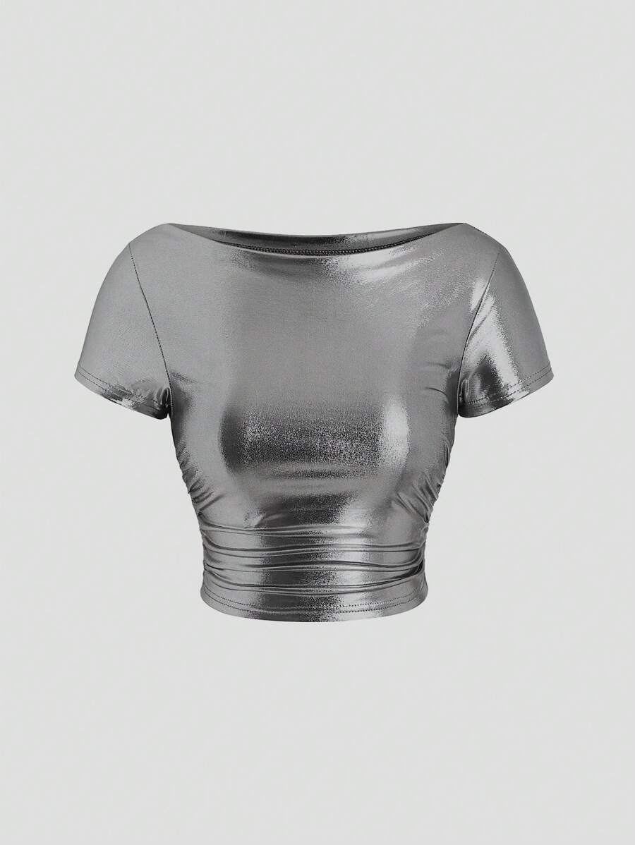 EgrlEra Boat Neck Short-Sleeved T-Shirt With Metallic Fabric And Pleats Y2K Outfit  For New Year Holiday Party Clothes