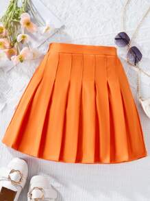 SHEIN Falda Plisada De Color Sólido Para Niñas Preadolescentes - Naranja Quemada - Ver 1
