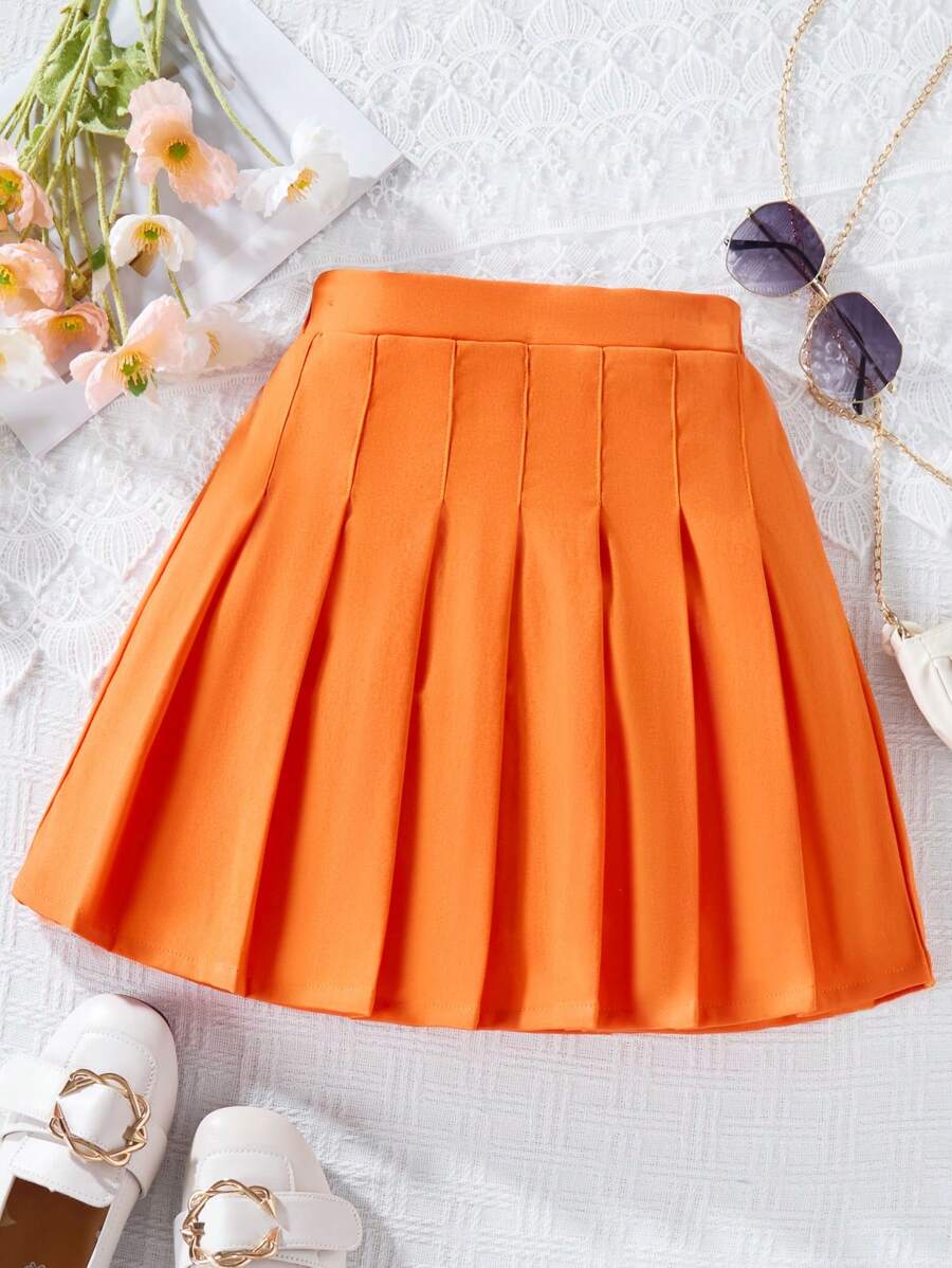 SHEIN Falda Plisada De Color Sólido Para Niñas Preadolescentes - Naranja Quemada - Ver 1