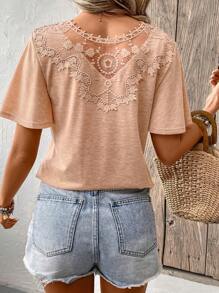 SHEIN Frenchy Lace Back Short Sleeve T-Shirt For Women - Khaki - View 1