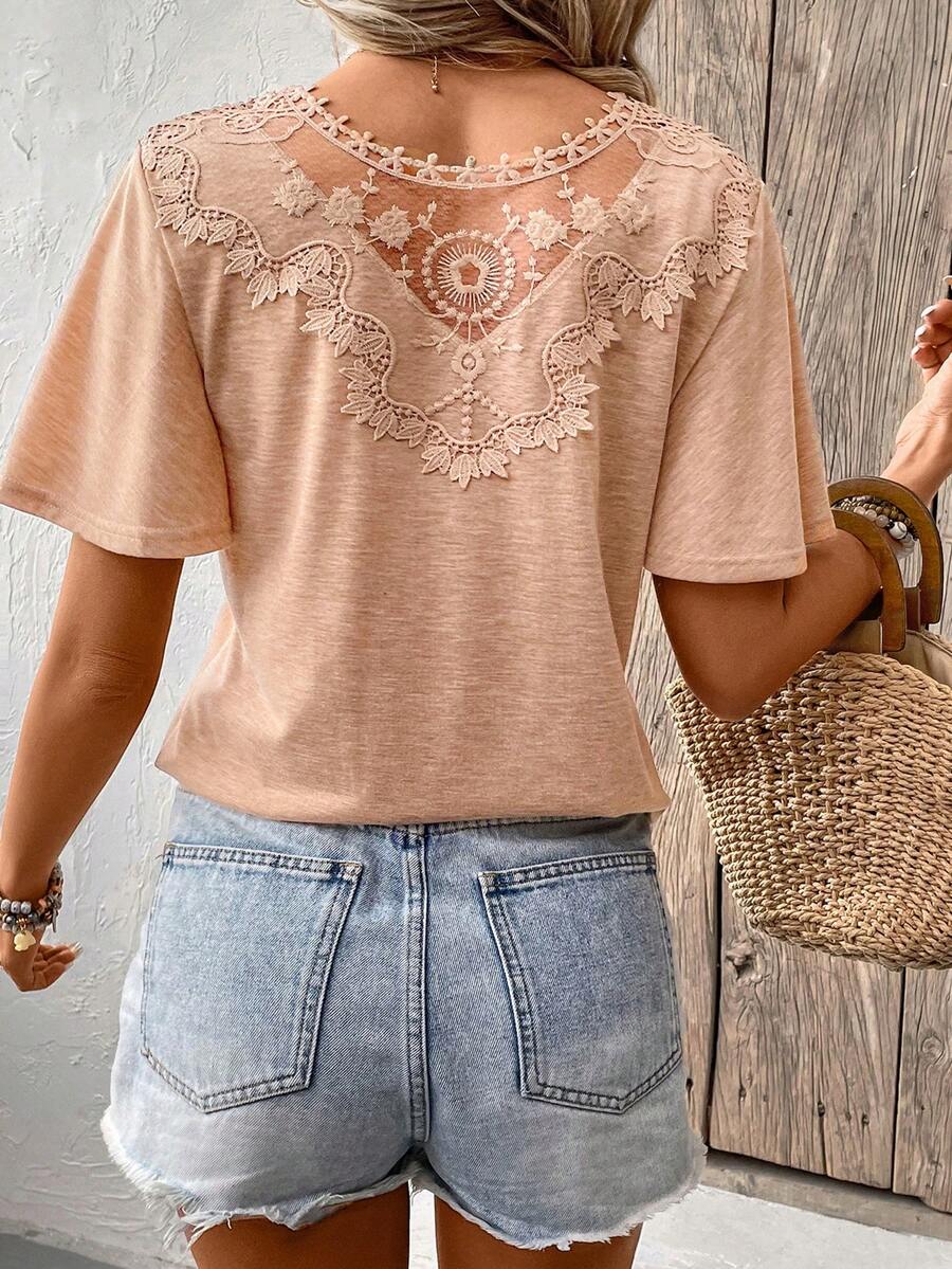 SHEIN Frenchy Lace Back Short Sleeve T-Shirt For Women - Khaki - View 1