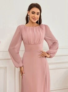 SHEIN Belle Vestido De Dama De Honor Para Adultos Con Mangas Abullonadas, Diseño De Abertura Y Pliegues En La Parte Superior Del Cuerpo - Rosa vieja - Ver 5