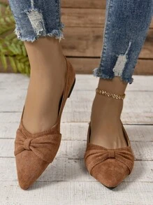 EMERY ROSE 2025年秋季女士棕色简约平底鞋，带褶皱鞋头，优雅风格，夏季户外，仿麂皮 - 棕色 - 查看 4