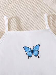 3pcs/Set Plain Cropped T-Shirt And Butterfly Print Spaghetti Strap Top With Long Pants For Tween Girls - White - View 8