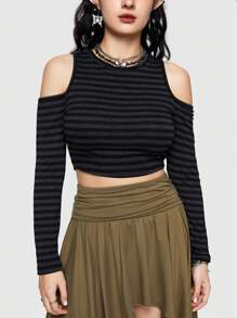 ROMWE Fairycore 條紋圖案挖肩T恤 - 彩色 - 查看 7