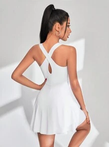 SHEIN 女式后背交叉带智能手机口袋运动网球连衣裙 - 白色 - 查看 2