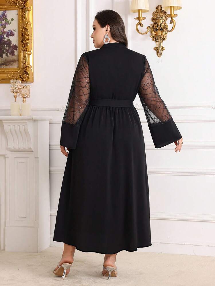 Plus Size Mesh Contrast Dress With Ribbon And Cutout Neckline