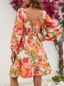 SHEIN VCAY Women's Floral Print Lantern Sleeve Dress With Sweetheart Neck - Multicolor - View 2