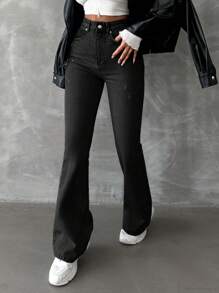 EURMUSE 98%Cotton Solid Color Slanted Pocket Casual Flared Jeans - Dark Wash - View 6