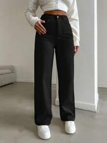 EURMUSE Casual Solid Straight Leg Jeans - Black - View 5