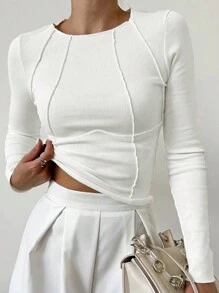 INAWLY Của phụ nữ Tay áo dài Áo thun Với Để lộ ra Đường may - trắng - Xem 1