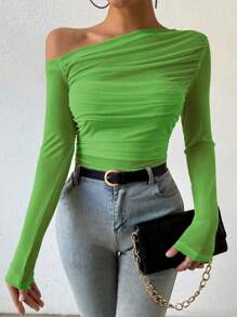 Chiquease Solid Color Asymmetrical Neckline Slim Fit Pleated T-Shirt - Green - View 4
