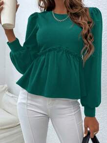 Blusa peplum de manga farol ribete fruncido