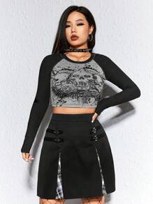 ROMWE Grunge Punk Women T-Shirts Blok Warna Halloween Casual - MultiWarna - View 3