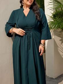 Mulvari Plus Size Notched Collar Tie Waist Dress With Front Slit
