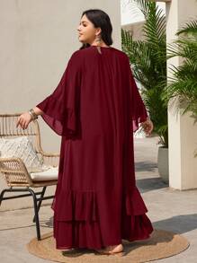 Mulvari Burgundy Red Plus Size Twist Collar Ruffle Trim Decorated Dress - Burgundy - View 2