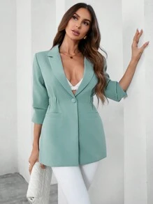 GENKIRA Solid Color Lapel Collar Single Breasted Cinching Waist Blazer Fall Cloth For Women - Blue - View 6