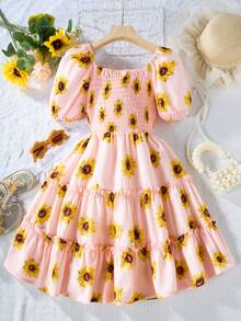 SHEIN 青少女向向日葵印花褶皺泡袖短裙 - 粉色 - 查看 2