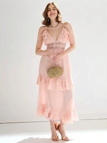 Enchnt Vestido Largo De Tejido Pastel Rosa Con Inserto De Encaje, Volantes Y Adornos - Rosa Pálido - Ver 6