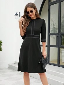 HOMEYEE 3/4 袖圆领复古休闲职业度假 A 字连衣裙 - 黑色 - 查看 5