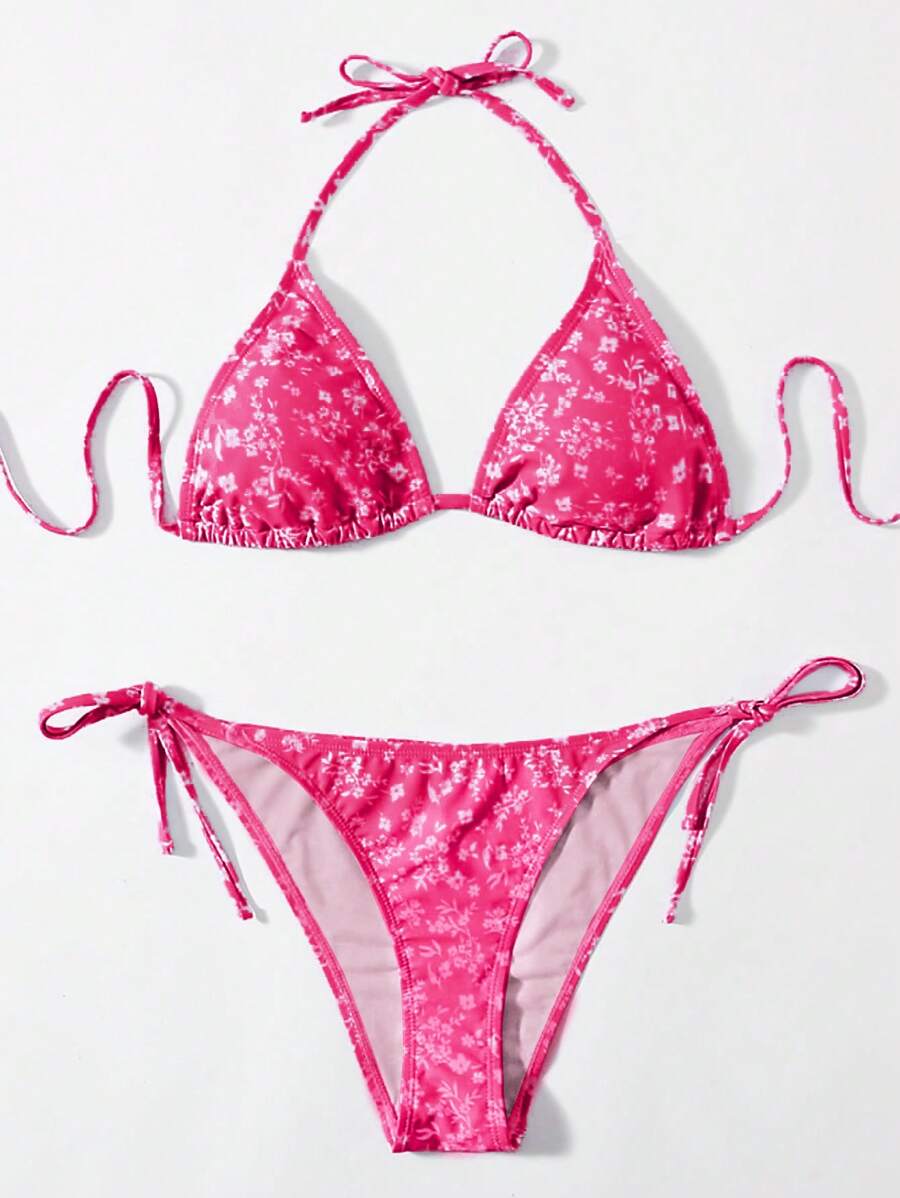 Swim Mod Summer Beach Ditsy Floral Print Two-Piece Bikini Set - Hot Pink - View 1