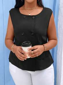 Calvaya Plus Size Women's Solid Color Double-Breasted Button Down Shirt - Black - View 5