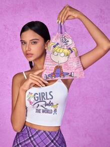 Nick 90s X SHEIN Pink Cartoon Girl Pattern Drawstring Storage Bag,Boho Vibes