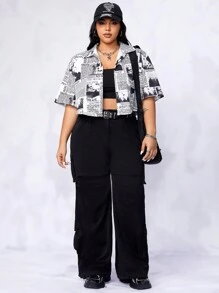 SHEIN EZwear Áo thun hở vai in báo cỡ lớn cho mùa hè - Đen và trắng - Xem 3