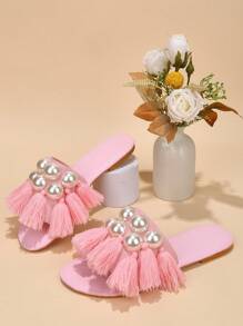 Fashionable Flat Sandals With Pearl And Hair Detail (Hollow Design) - Pink - View 2