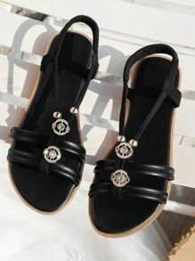 女用黑色串珠復古水鑽裝飾平底涼鞋適合夏季海灘,輕盈防滑