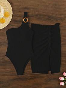 SHEIN Swim Women's Plain Cable-Knit One-Piece Swimsuit And Split Cover Up Skirt 2pcs/Set, For Vacation, Travel, Festival, Swimming Pool, Surfing,Summer Beach - Black - View 1