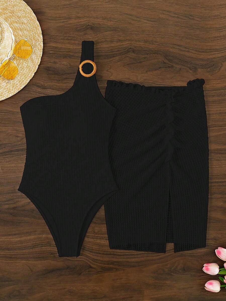 SHEIN Swim Women's Plain Cable-Knit One-Piece Swimsuit And Split Cover Up Skirt 2pcs/Set, For Vacation, Travel, Festival, Swimming Pool, Surfing,Summer Beach - Black - View 1