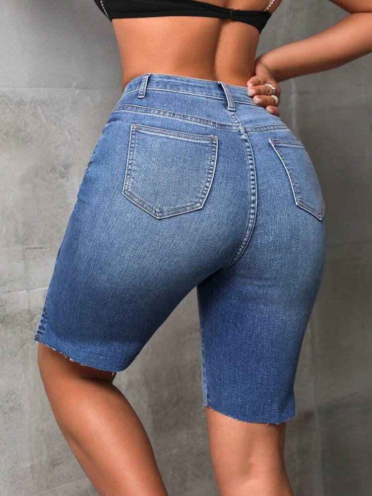 Women's Denim Shorts With Frayed Hem And Side Split Design