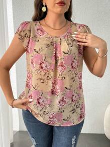 Celure 大码夏季浪漫假期花卉印花圆领花瓣袖衬衫 - 粉色 - 查看 4