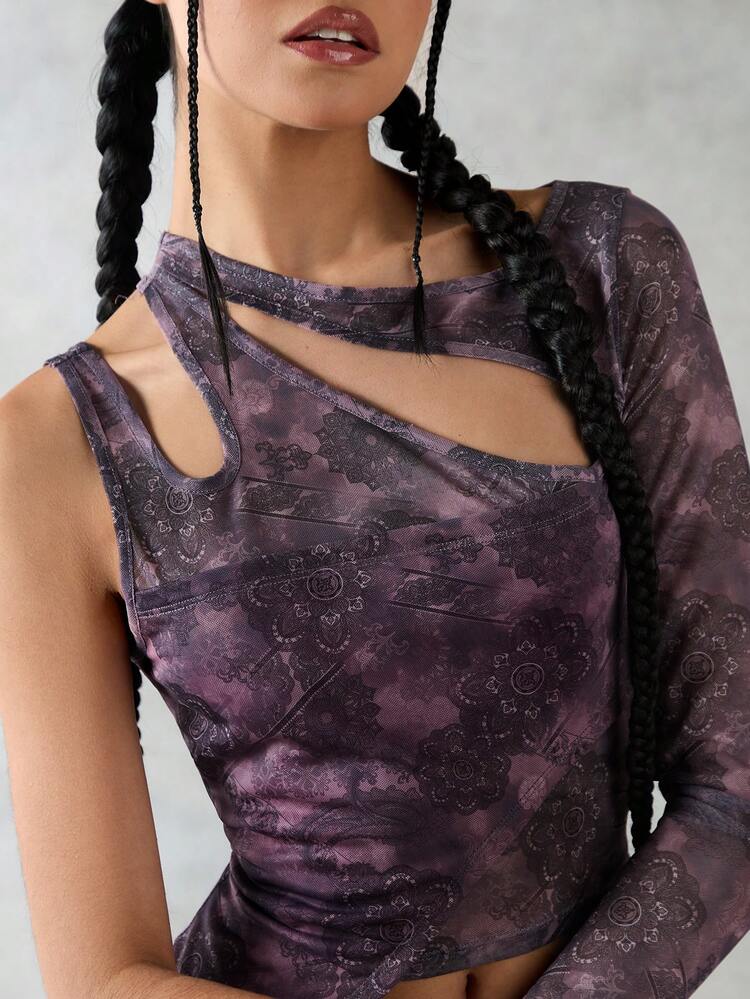 Botanic Printed Hollow Out Asymmetrical Neckline Slim Fit T-Shirt