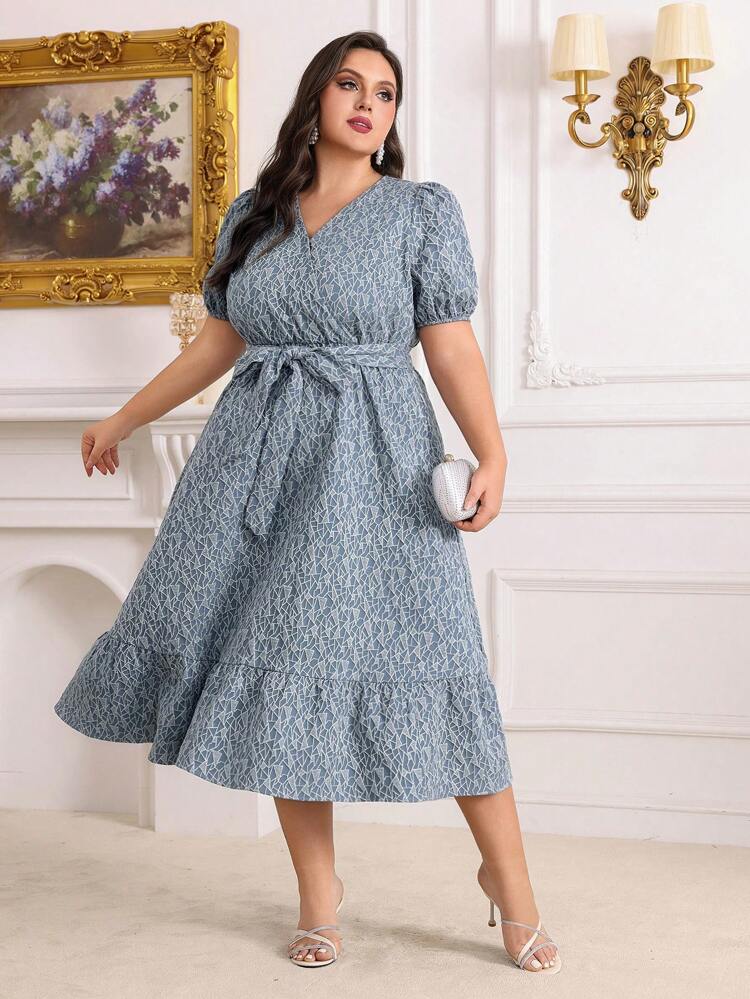Plus Size Floral Printed V-Neckline Dress With Cinched Waist, Puff Sleeve And Ruffled Hem Long Evening Dresses