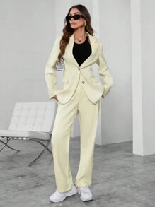 SHEIN BIZwear Màu thuần Thời gian rảnh rỗi Bộ đồ Bộ Với Dài tay Áo khoác Và Quần - Màu be - Xem 5
